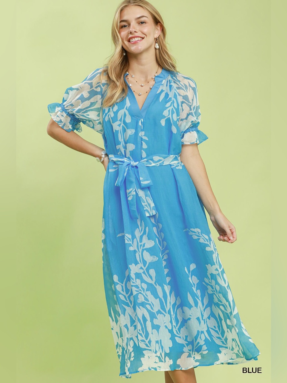 Umgee Floral Print Tie Waist Midi Dress with Side Pockets
